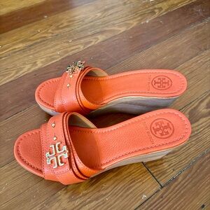 TORY BURCH Orange “Elina” Wedge Gold Detailing  Sandals